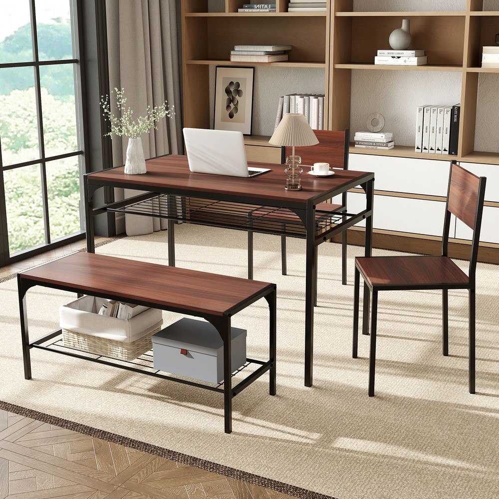 Dining Table Set for 4 Rectangular Table w/ 2 Chairs, 1 Bench, Storage Racks