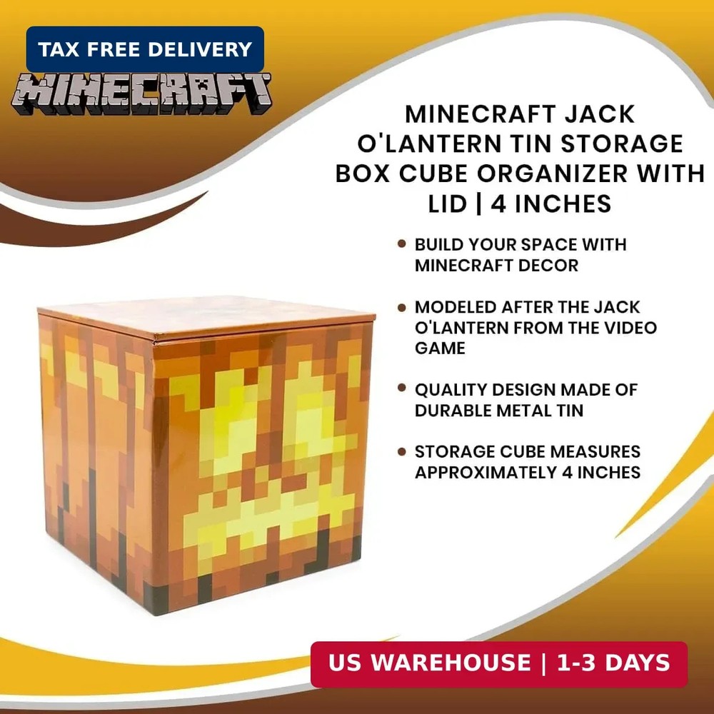 MINECRAFT Jack O'Lantern 4-Inch Tin Storage Box Cube Organizer with Lid | Basket