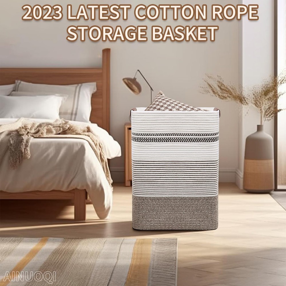 Laundry Hamper - Tall Woven Rope Laundry Basket - Clothes hamper with Leather...