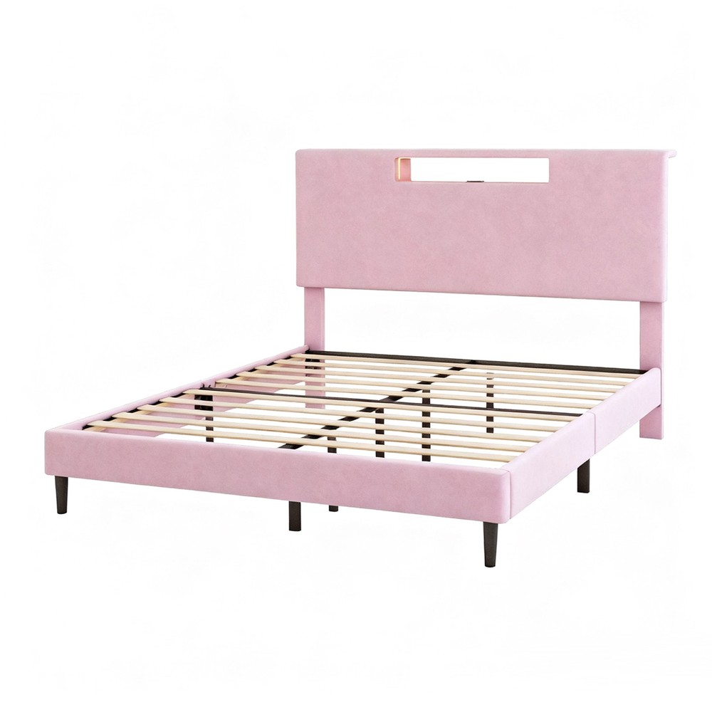 Wooden Bed Frame Full Slat Support Platform Bed With High Headboard LED Lights