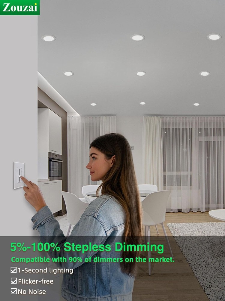 4 Inch 5CCT Ultra-Thin LED Recessed Ceiling Light with Junction Box, 2700K/30...
