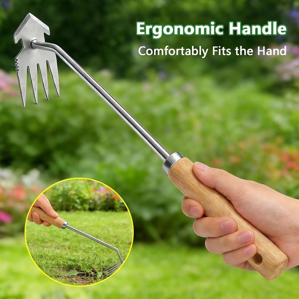Weed Puller Tool Set, 3 Pack Garden Tools with 4 Teeth Weed Puller, L-Shaped Cra