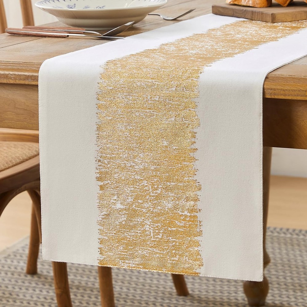 Metallic Style Fall Table Runner Cotton and Linen Christmas Gold Table Runner...