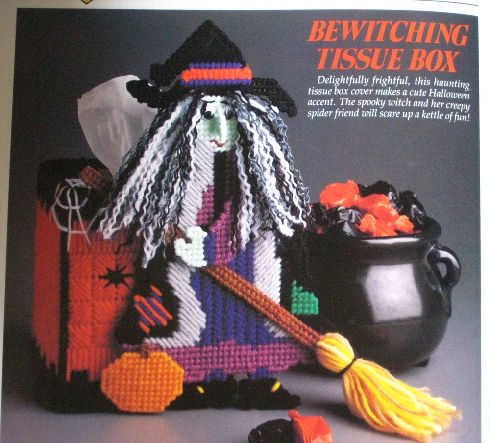 Bewitching Tissue box;  (#877) Vintage Plastic Canvas pattern