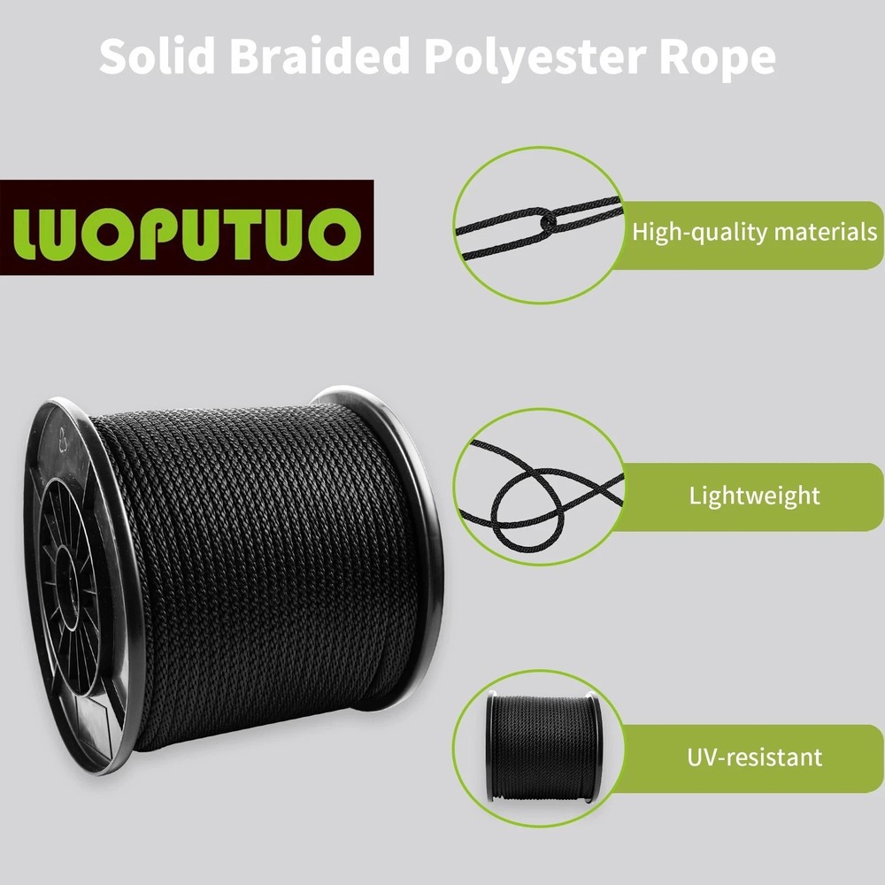 1/4 500ft Black Polyester Solid Braid Rope Outdoors