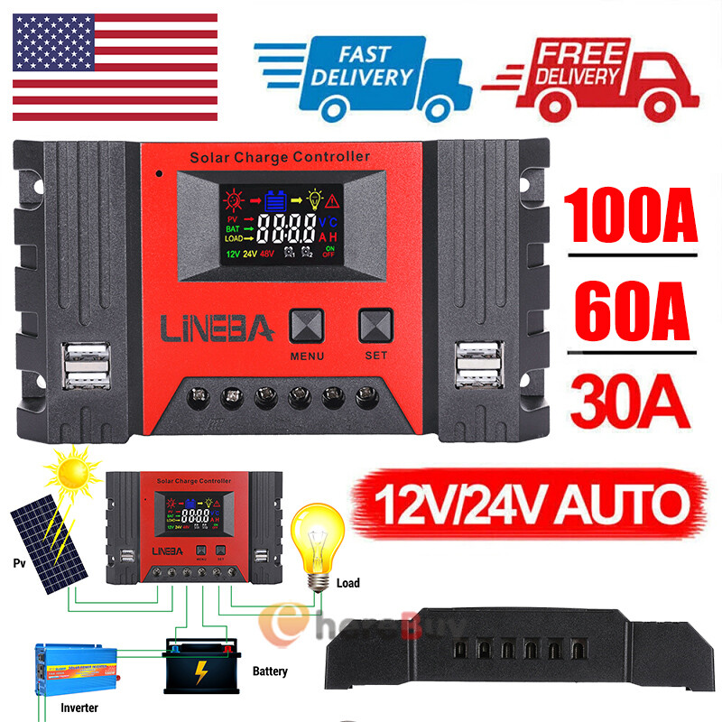 100/60/30 Amp 12V/24V/48V Solar Panel Regulator Charge Controller Battery 4 USB
