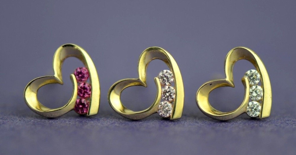 14k Solid Yellow White Gold Heart Shape CZ Stud Earrings