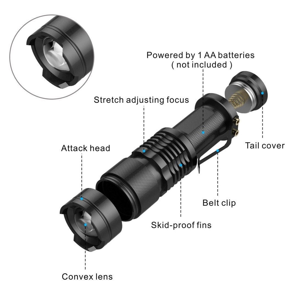 6PCS Mini LED Flashlight Torch Adjustable Focus Zoom Light Lamp