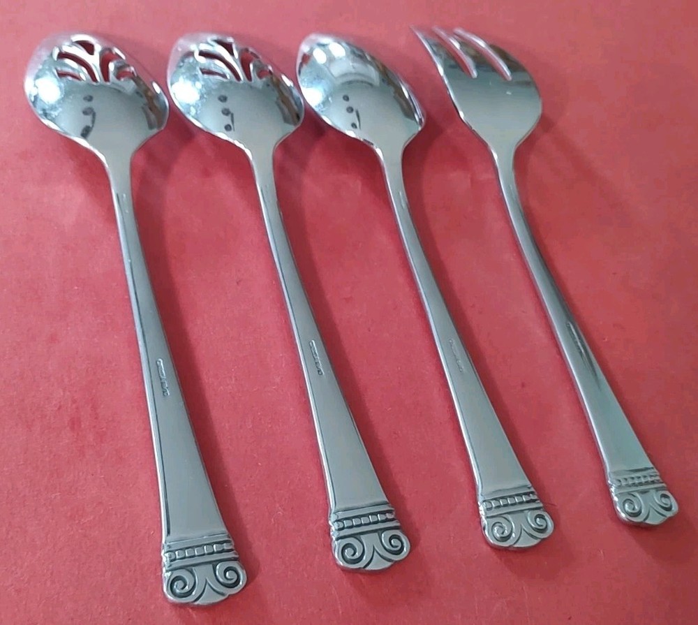 4pc Oneida 18/10 MELODIA Stainless SERVING FORK Pierced & Solid TABLE SPOONS