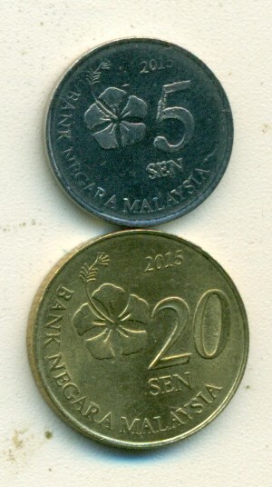 2 DIFFERENT COINS from MALAYSIA - 5 & 20 SEN (BOTH DATING 2015)