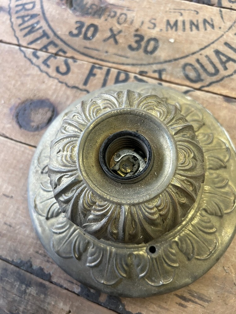 1920s Brass Flush Mounted Williamson? Ceiling Light Salvage Floral Pattern