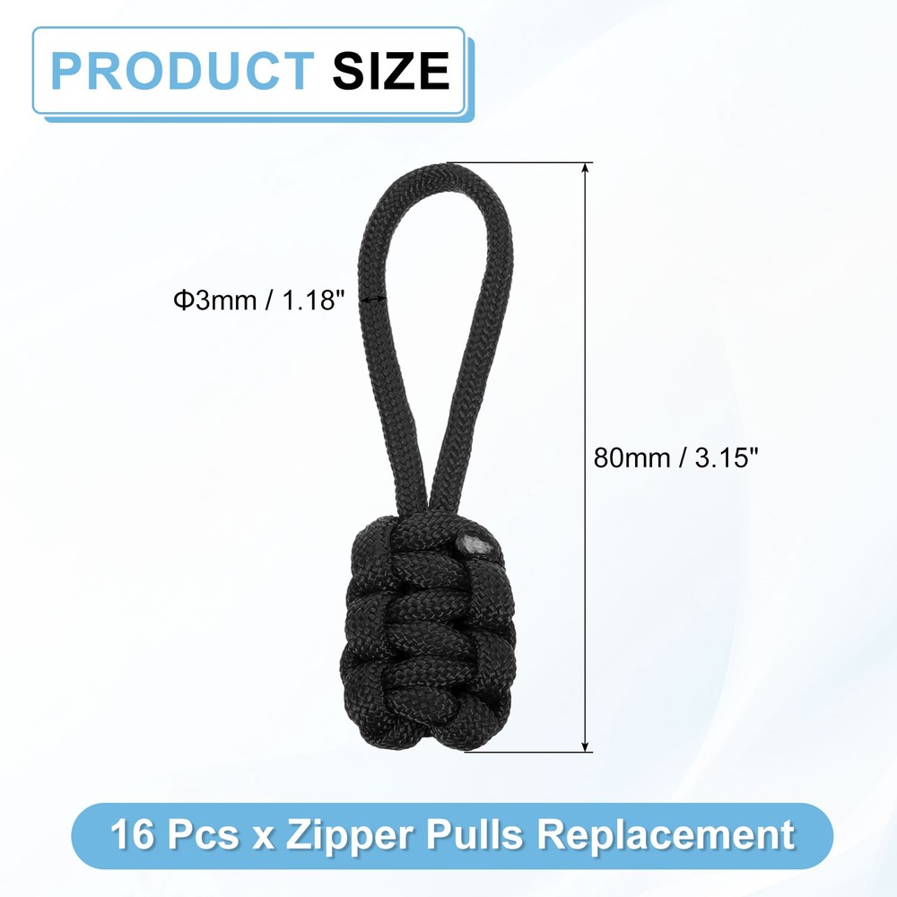 16Pcs Zipper Pulls Replacement, 80 x 3mm Polypropylene Rope Zipper Heads, Black
