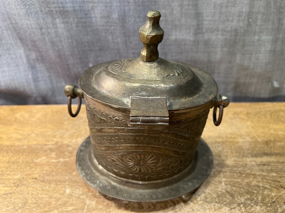 Antique Turkish Tea Coffee Container Caddy Footed Lidded Embossed Metalware