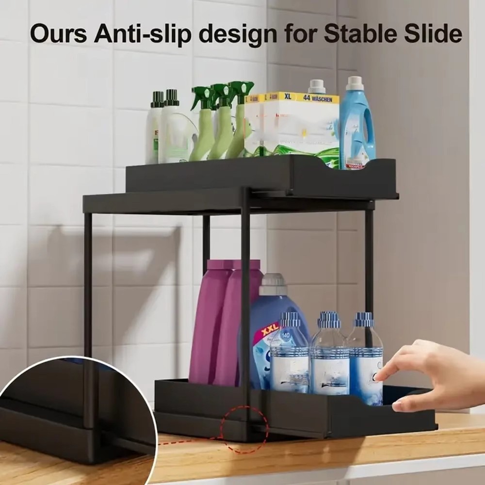 Double Layer Pull Out Kitchen Storage Rack Under Sink Organizer with Hooks