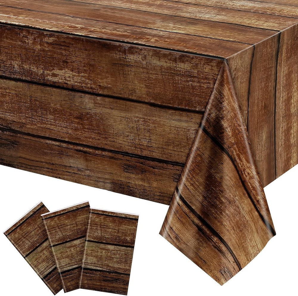 3 Pcs Brown Wood Grain Tablecloths Rustic Plastic Table Covers for Rectangle Tab