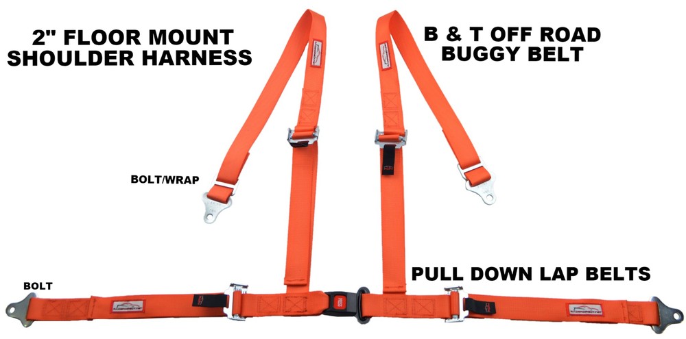 FOUR POINT SEAT BELT RACE HARNESS PULL DOWN LAP BELTS FLOOR MOUNT ORANGE