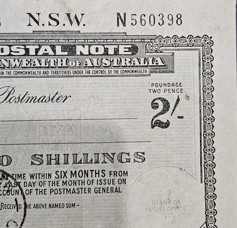 1962 Australian Postal Note Two Shillings N.S.W.