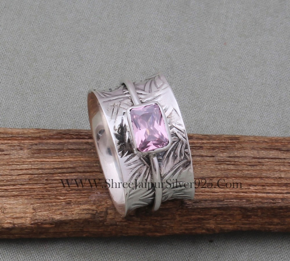 Pink Zircon Spinner Ring - 925 Sterling Solid Silver Spinner Ring-Silver Jewelry
