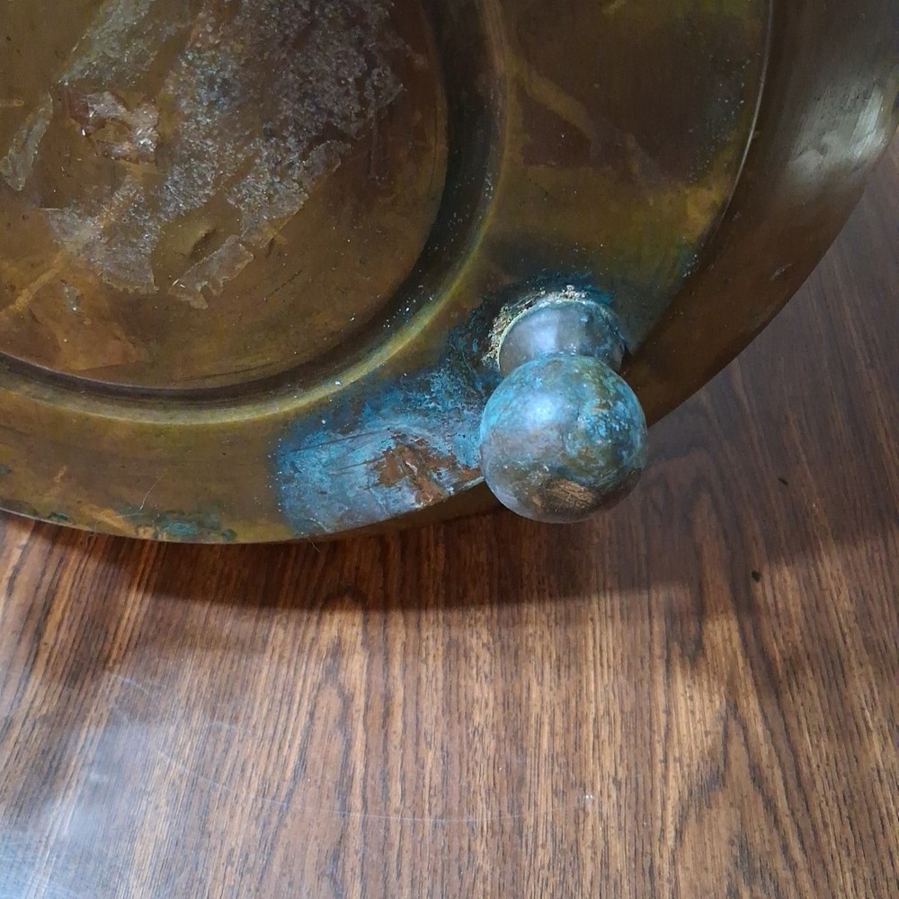ANTIQUE BRASS FOOTED PLANTER CONTAINER ETCHED HANDLE 15½” STATEMENT PC DECOR XXL