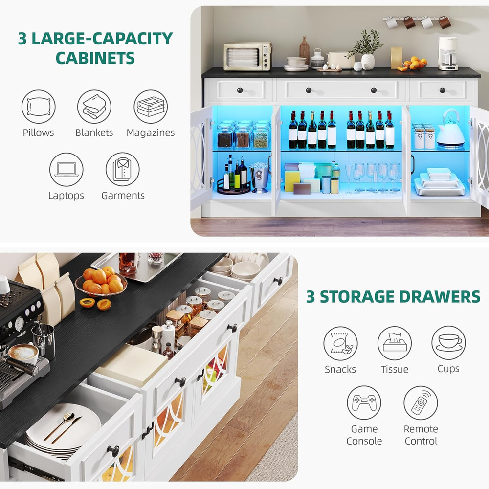65" White Sideboard Buffet Cabinet with Glass Doors & Drawers