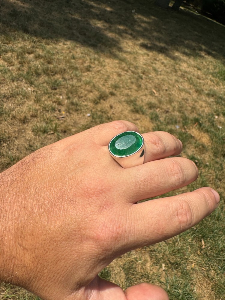 Large 18ct Genuine Emerald Gemstone Mens Real Solid 925 Silver Oval Signet Ring