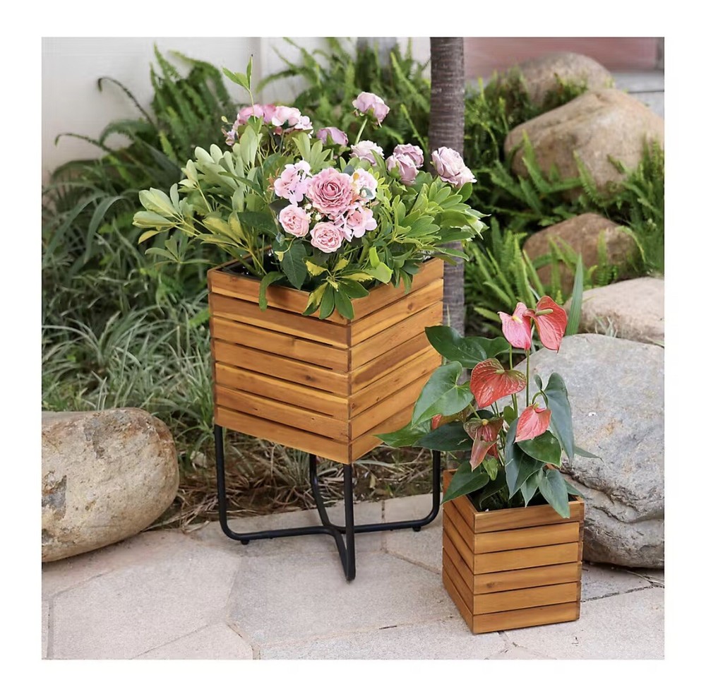 Acacia Square Planter with Drain Holes, 2-Pc.