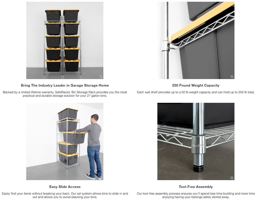 SafeRacks Storage Bin Rack, 5 Tote Capacity, NSF Certified