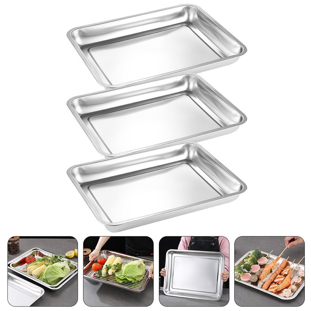 3pcs Heavy Duty Rectangular Stainless Steel Oven Pan Deep Edged Tray