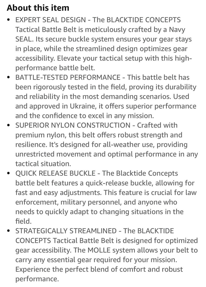 Blacktide Concepts Tactical Battle Belt Black Size Medium