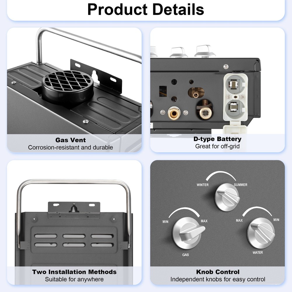 Outdoor Propane Tankless Water Heater - 6L 1.58 GPM Portable Gas Water Heater