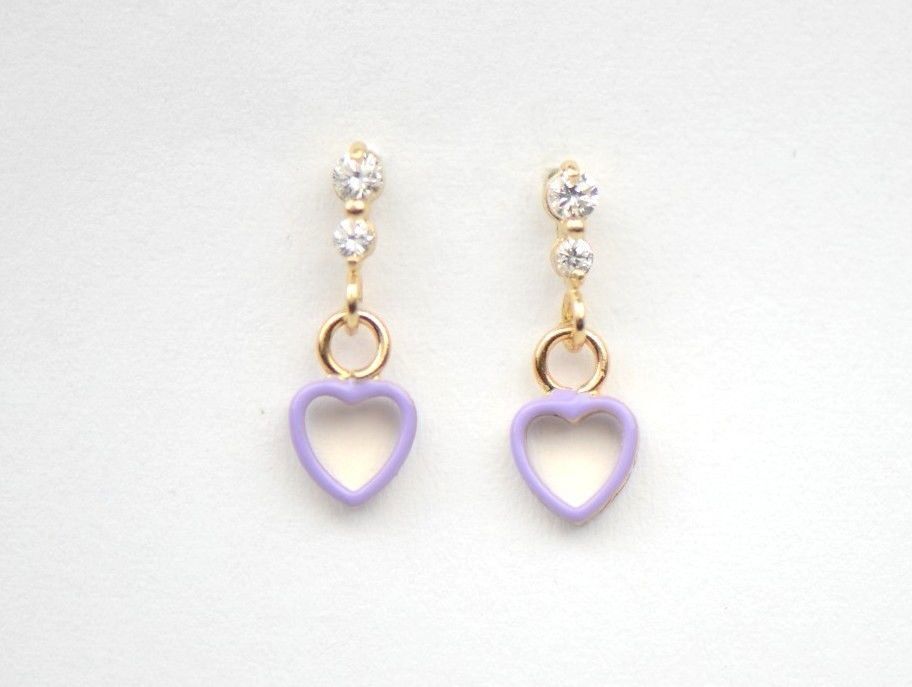 14K Solid Yellow Gold Heart Shape Dangle Earring with Enamel