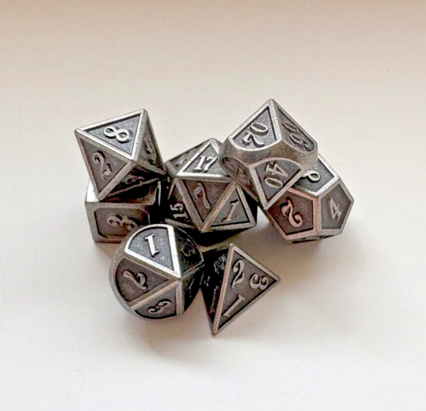 7 Pcs Polyhedral Silver Metal D&D Dice, Role Playing