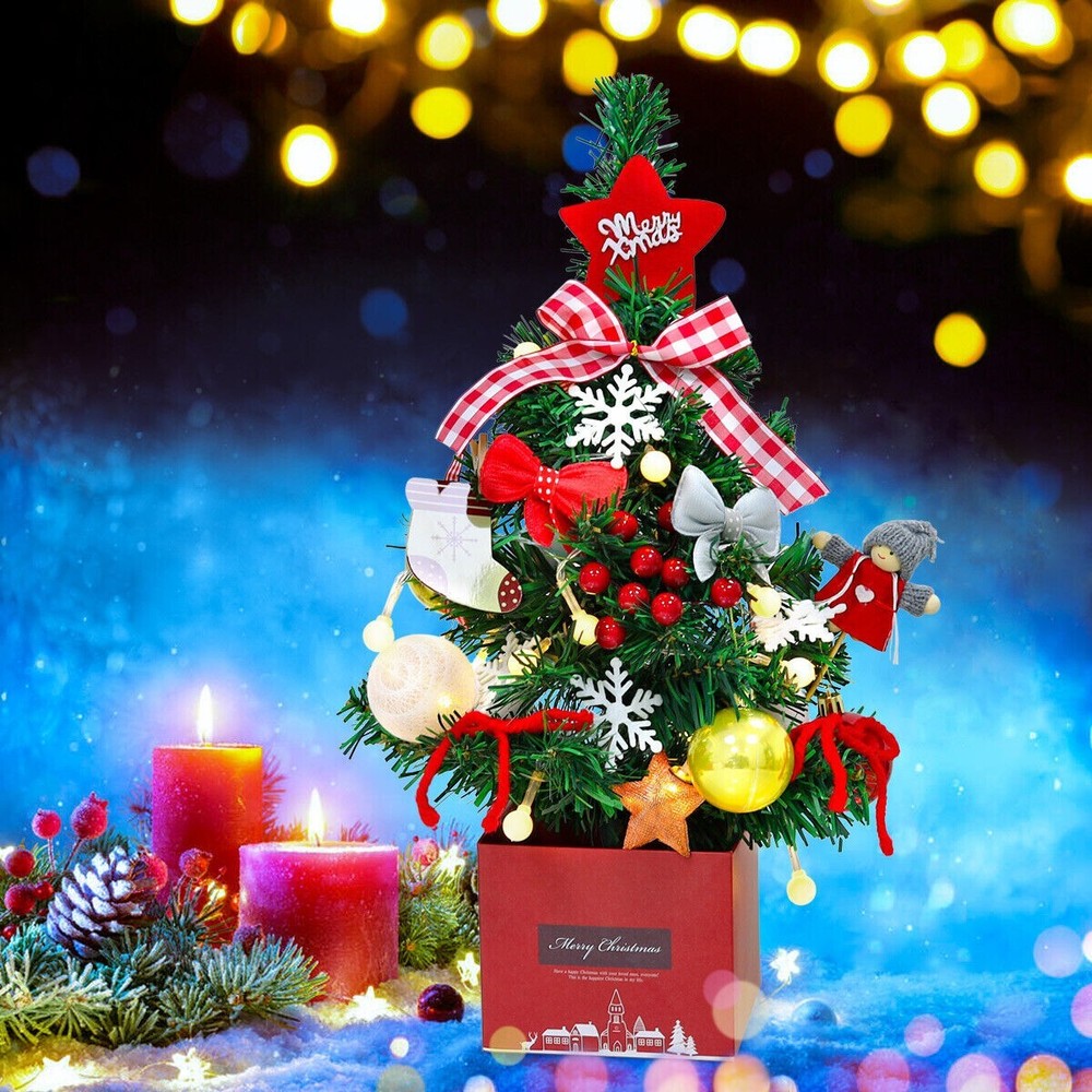 20 inch Tabletop Artificial Small Mini Christmas Tree with LED Light & Ornaments
