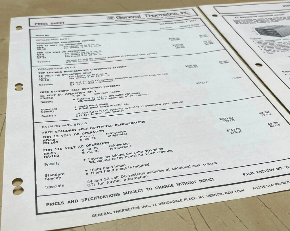Vtg General Thermetics Price Sheet and Refrigerator Conversion Systems Brochure