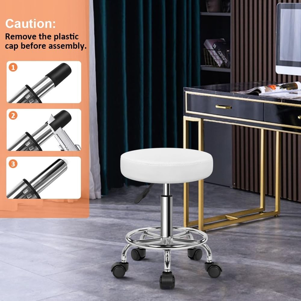 PU Leather Round Rolling Stool W/ Foot Rest Swivel Height Adjustable Stool Spa