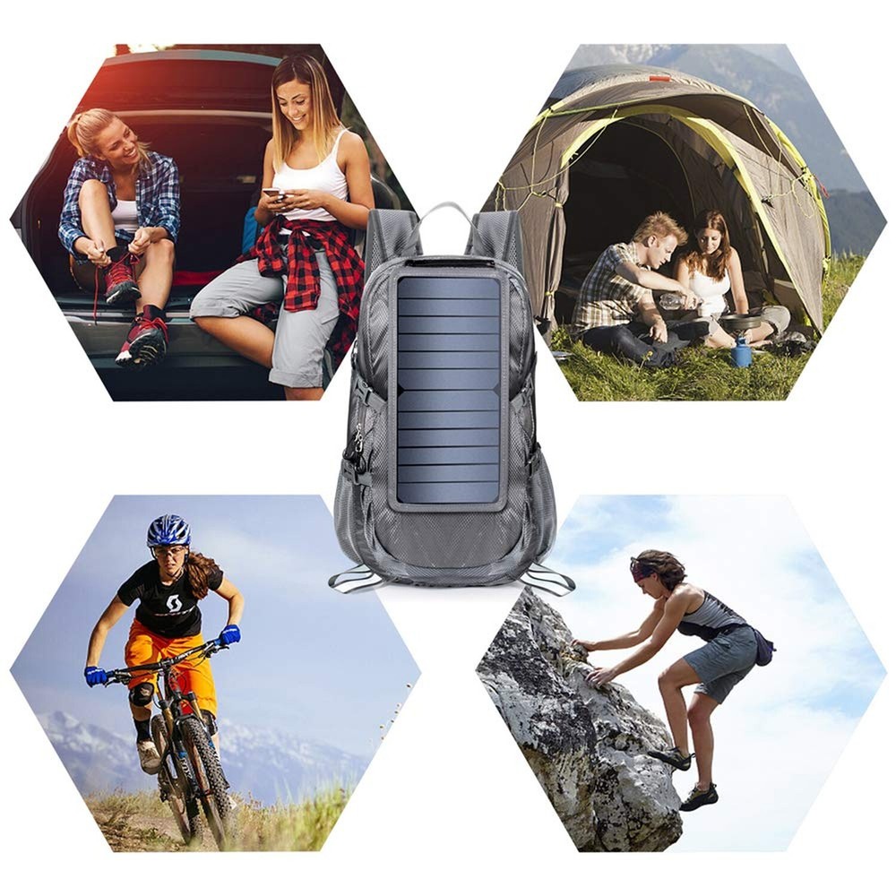 Solar Backpack Foldable Hiking Daypack With 5V Power Supply Grey Fast Ship