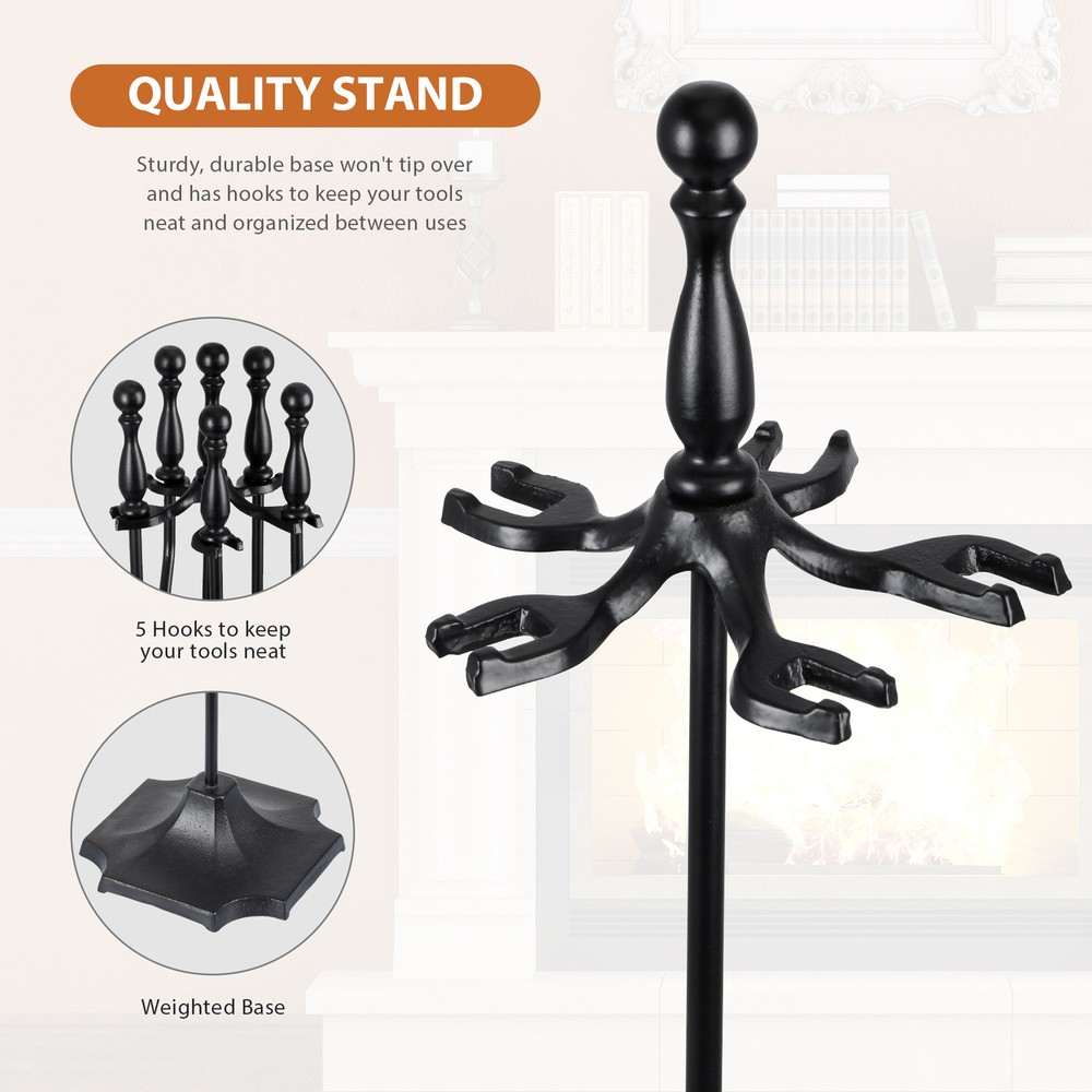 5 Pieces Fireplace Tools Sets Wrought Iron Firewood Kit w/ Handle Durable Tools