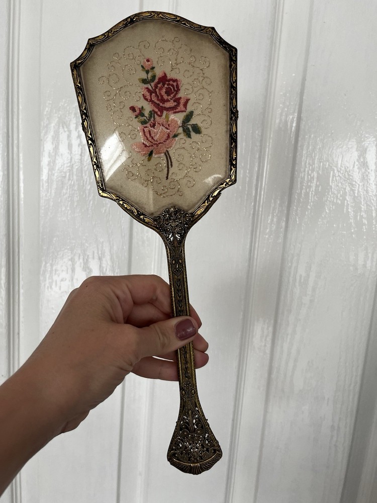 Vintage Embroidered Scroll Work Hand Held Vanity Mirror & Brush Set Gold Tone