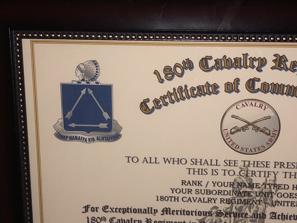 180TH U.S. CAVALRY REGIMENT / COMMEMORATIVE - CERTIFICATE OF COMMENDATION