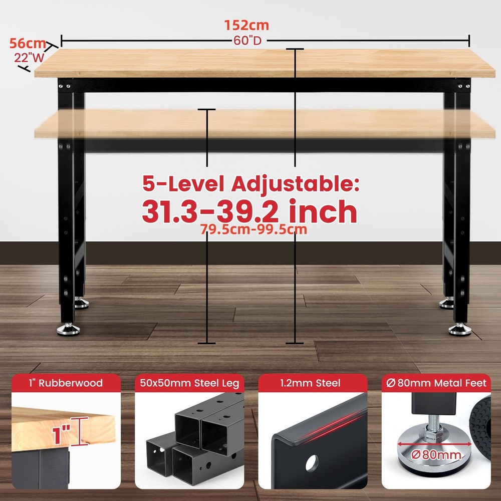 60'' Adjustable Work Bench Heavy Duty Work Table for Workshop Garage 1500 Lbs