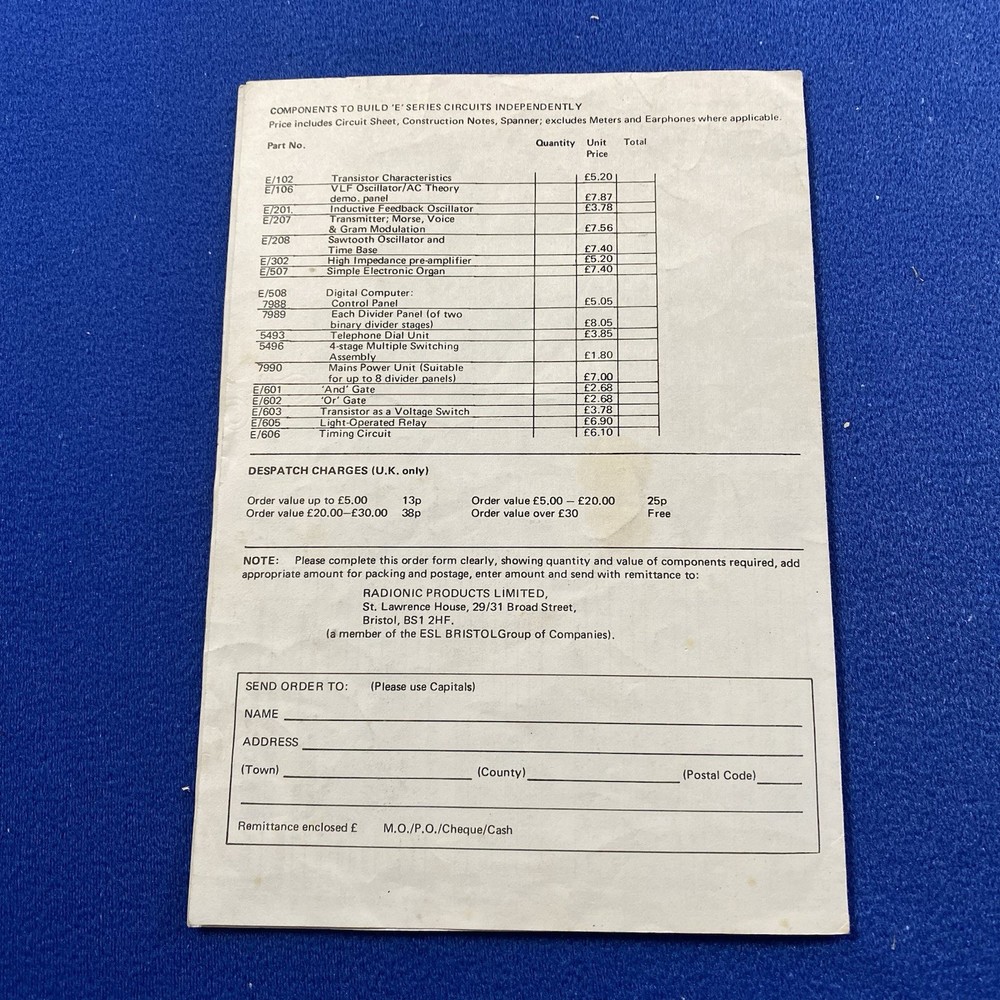 Radionic Spares Order Form October 1972