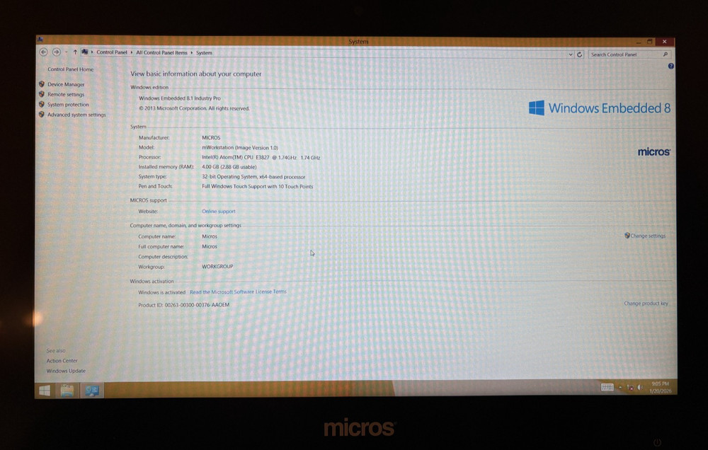 Micros Oracle mWorkstation Intel Atom E3827 15.6" POS Tablet Computer Win 8.1 :B