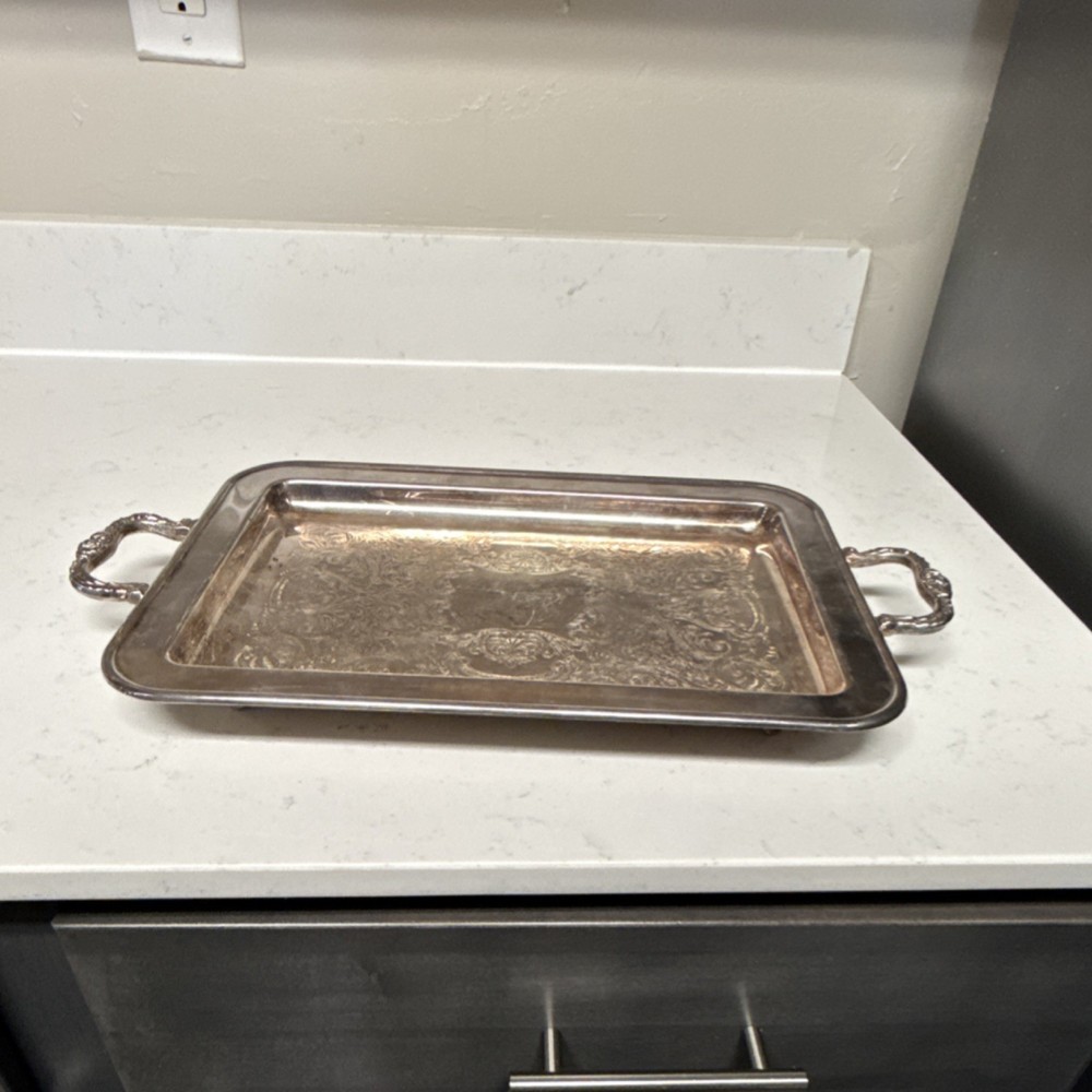 Leonard Silver Silverplate Rectangular Serving Tray with Handles & Hallmarks