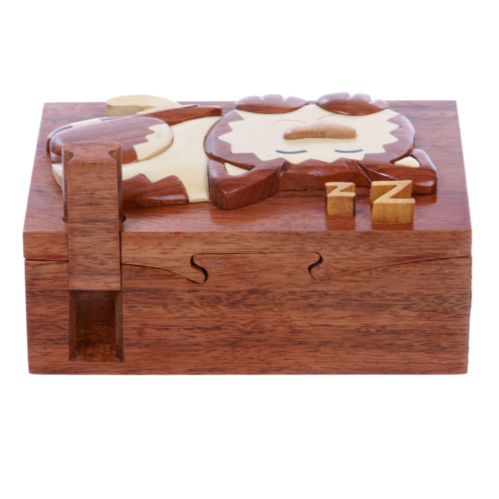 Wooden Rectangular Sleeping Kitty Secret Jewelry Puzzle Box - Sleeping Ca