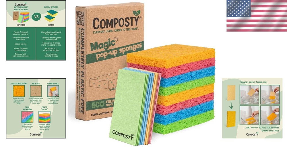 Eco-Friendly 12-Pack Pop-Up Compostable Kitchen Sponges, Non-Scratch & Biodeg...