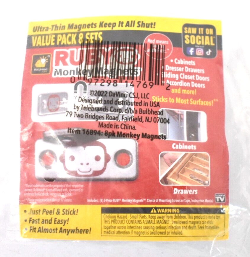Ruby Monkey Magnets Cabinet & Drawer Magnets 8 Piece Set Easy Installation Set