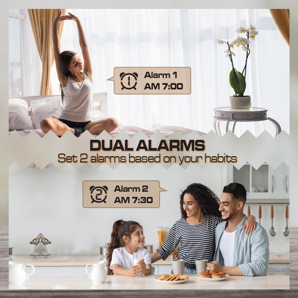 Small Digital Alarm Clock Mirror LED Display Adjustable Brightness Black Case