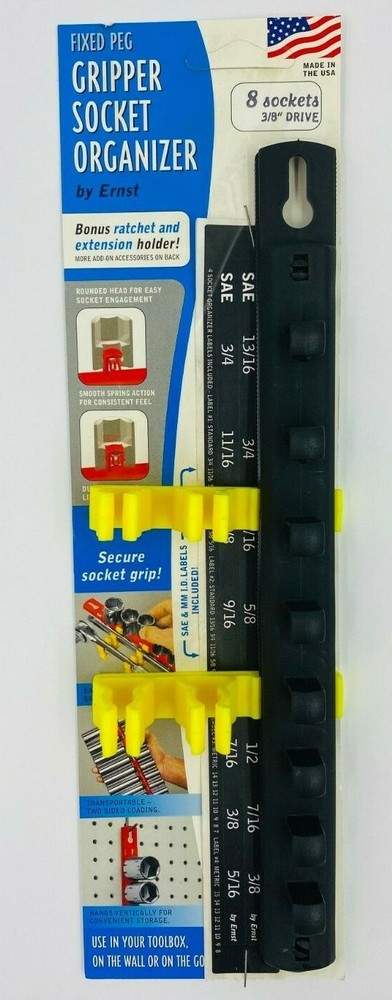 Ernst 8041 3/8" Dr. Fixed Peg "Gripper" 8 Socket Organizer BLACK