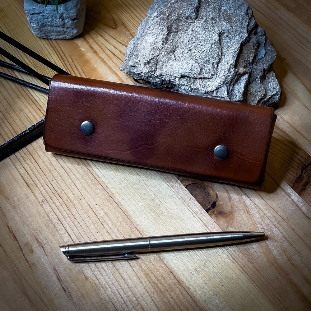 Leather brown pen and pencil case. Handmade.