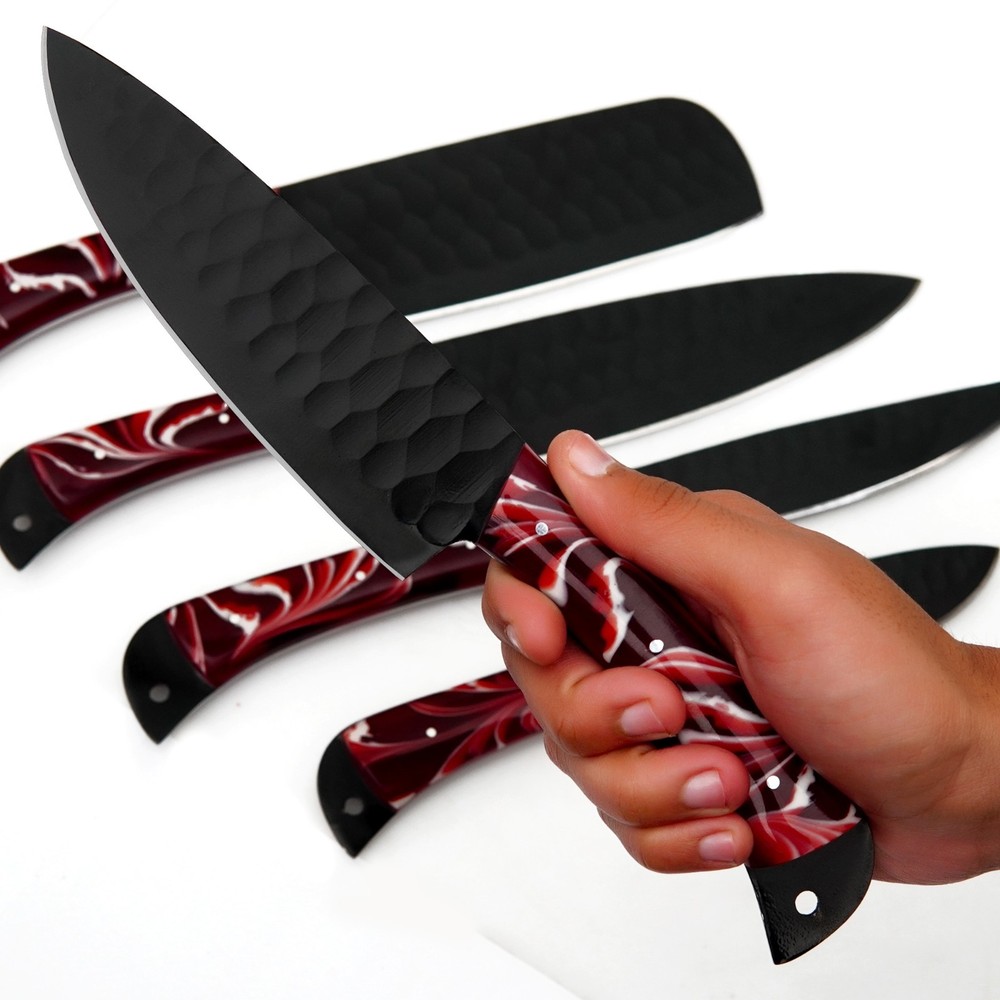 CUSTOM HANDMADE D2 HAMMERED PATTERN 5 PIECES CHEF SET WITH LEATHER CARRYING BAG